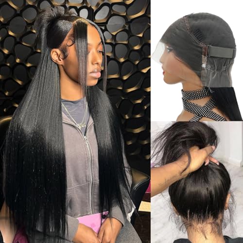 Hidden Strap 360 Lace Front Wigs Human Hair 250% Density Straight Human Hair Wigs for Bkack Women 360 Full Lace Wigs Human Hair with Drawstring 9A Natural Hairline (Natural Black, 20Inch)