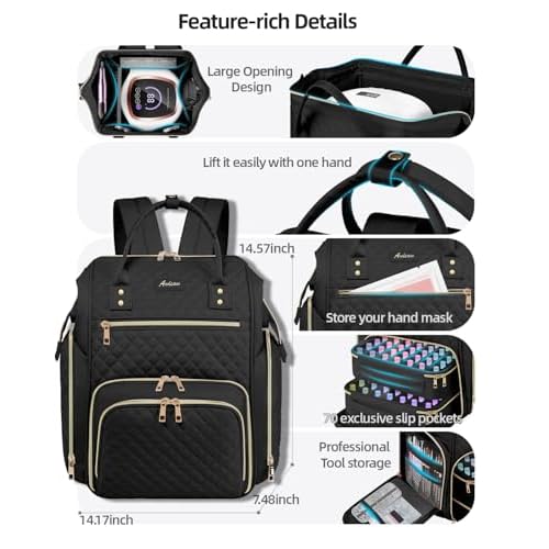 Large Nail Polish Organizer Bag Backpack Holds 70+ Bottles(15ml/0.5 fl.oz) UV Nail Lamp,Nail Organizers and Storage with 2 Removable Pouches Fits Nail Tool,Gift for Manicurist£¬Black