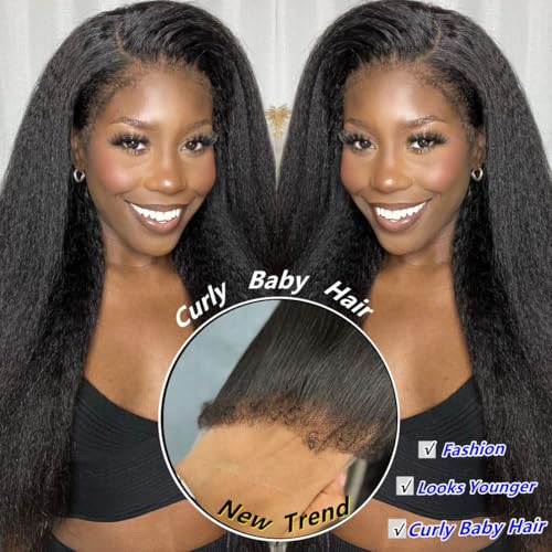 4C Edges Kinky Straight Wig Human Hair 13x6 UHD Lace Frontal Wigs Pre-Cut Pre-Plucked 200% Density Yaki Straight Human Hair Wig Black Pre-Bleached Tiny Knots 18 Inches Chrismas Party Wigs