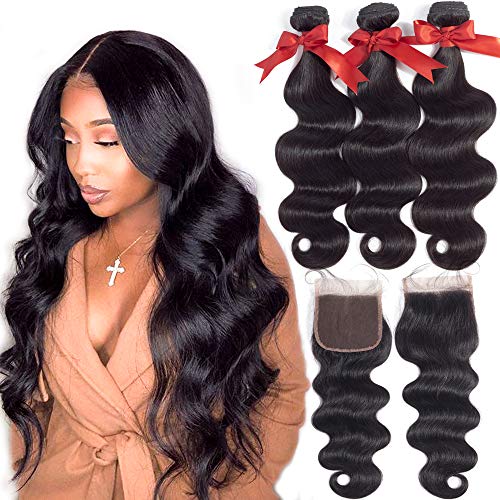 Hair 8A Unprocessed Brazilian Body Wave Bundles with Closure (20 22 24+18closure,Natural Black) Virgin Brazilian Hair Bundles Weave with Lace Closure Free Part