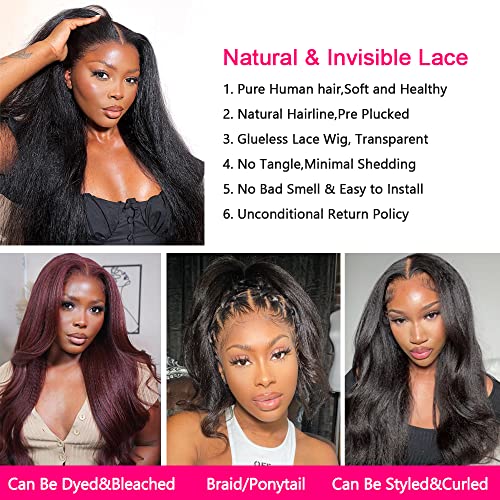 GOLFMAX 28 Inch 13x4 Lace Front Kinky Straight Wigs For Black Women Human Hair Glueless Lace Front Wigs Human Hair Pre Plucked Coarse Yaki Straight Natural Black Wig
