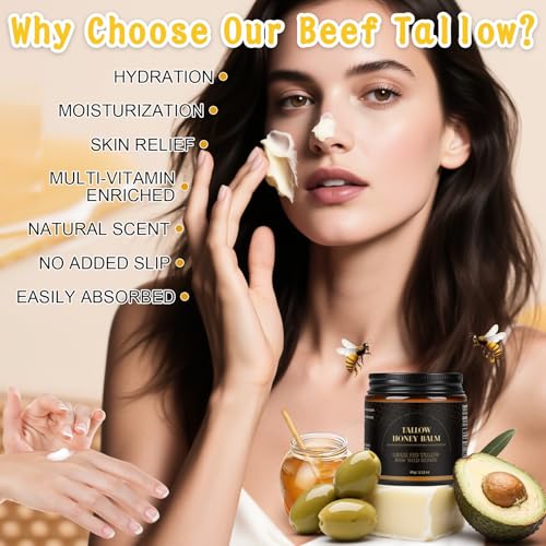 IIIMEIDU Beef Tallow for Skin, Tallow and Honey Balm for Face Moisturizer Balm, 100% Natural Organic Grass-Fed Beef, Honey, Vitamin E Oil for Body & Face (2.1 Oz)