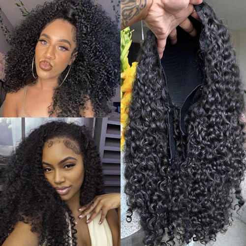 BLG Burmese Curly Human Hair Half Wig for Black Women 300% Density 3 In 1 Half Wig Human Hair 24 Inch Spiral Curly Wear and Go Drawstring Wigs Natural Color Quick Install Beginners Friendly Wigs