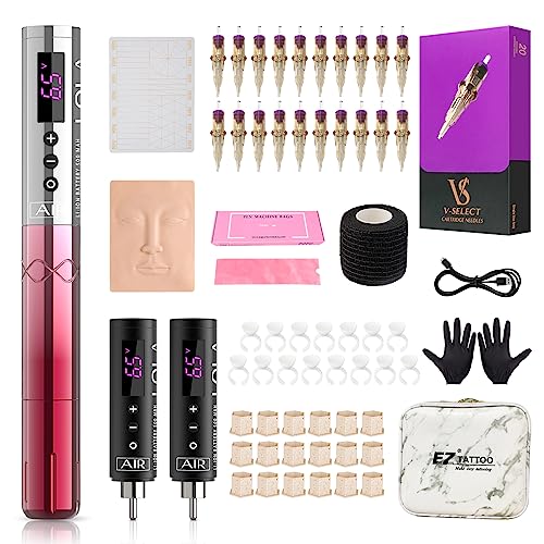 EZ Tattoo Kit - Tattoo Machine Kit Complete with Permanent Makeup Tattoo Machine Pen with 3Pcs Battery Power for Tattoo Beginners and Women Artists (Lola Air Pink Gradient)