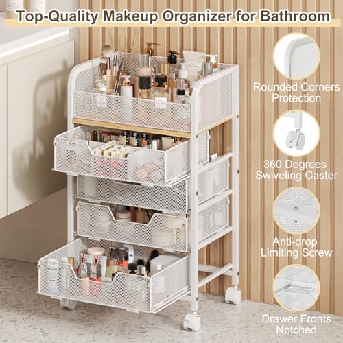 Makeup Cart Organizer with 4 Drawers, Large Floor Skincare Organizers, Vanity Storage Organizer Cosmetics Display Cases for Skin Care Perfume Nail Polish, White (Patent Pending)