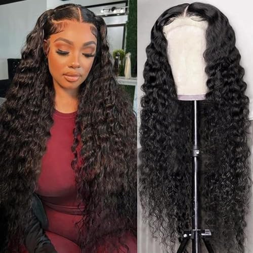 SOSATISFY 28 Inch 13x6 Deep Wave Lace Front Wigs Human Hair 200 Density HD Transparent Lace Frontal Curly Wigs for Women Glueless Curly Wigs Pre Plucked with Baby Hair Natural Color
