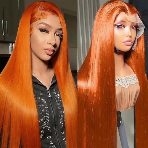 36 Inch Ginger Lace Front Wig Human Hair 13X6 HD Transparent Lace Front Wig Colored Straight Lace Front Wig Orange Wig Human Hair 200% Density Pre Plucked Natural Hairline with