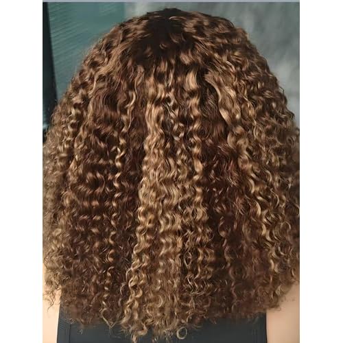 ISEE M-Cap Kinky Curly Wear Go Glueless Wigs Human Hair Pre Plucked Pre Cut Bleached Knots 9x6 HD Lace Glueless Human Hair Wigs For Women (Highlight Ombre, 16 Inch)