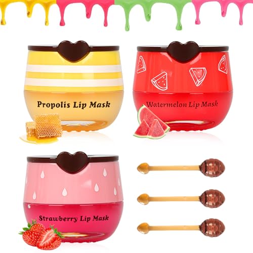 3 PCS Bee Lip Mask Honey Pot Lip Balm,Strawberry Watermelon Lip Mask Overnight Hydrating Dry and Crack Lip Scrubs Exfoliator Propolis Lip Sleeping Mask (Strawberry & Watermelon & Honey)