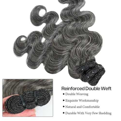 Grey Body Wave Bundles Human Hair 12 14 16 inch Salt and Pepper Human Hair Bundles 100% Unprocessed Virgin Human Hair Weave Extensions Natural Gray-White