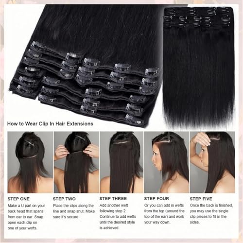 22iINCH Clip In Hair Extensions Real Human Hair, Remy Human Hair Extensions 12PCS Long Soft Natural Hair piece 14-28 Inch Straight Hair Extension for Women(180g-250g 1#(Jet Black)