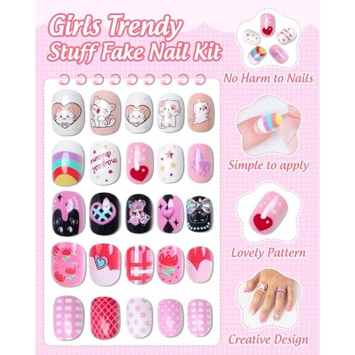 120PCS 5 Pack Press on Nails for Kids,Tweens Girls Soft Fake Nail Kit, Reusable Creative Design kids Nails, Full Cover Glitter Stick on Nails Girl Nails for Kids Ages 8-12