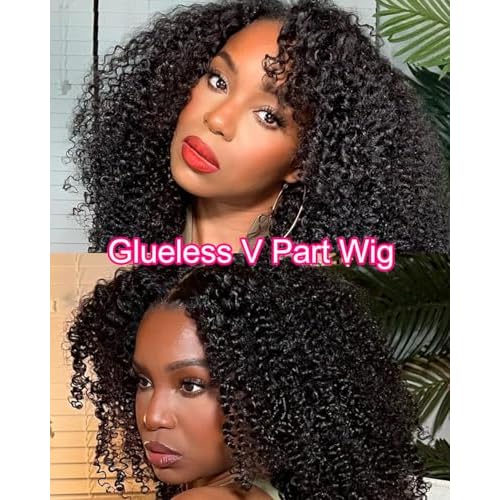 V SHOW Glueless Wigs V Part Wig Human Hair Afro Curly Wig No Leave Out Thin Part Human Hair for Beginner Friendly 180% Density Upgrade Upart Kinky Curly Wigs 20Inch