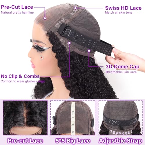 UCUVIC Wear And Go Glueless Wigs Human Hair Pre Plucked Pre Cut Curly 5x5 Jerry Curly Bob Wig Human Hair Lace Front Closure Wigs For Black Women 200 Density Curly Wig Glueless Wear And Go Black 18Inch