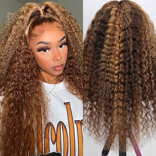 Honey Blonde Deep Wave Lace Front Wigs Human Hair 250% Density 13x6 Curly HD Transparent Ombre Lace Frontal Wigs Human Hair Wet and Wavy Wig Pre Plucked with Natural Hairline 20 Inch