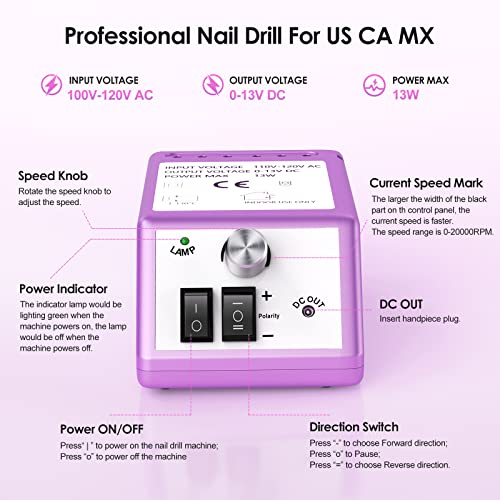 20000 RPM Professional Nail Drill Machine Efile Electric Nail Filer Kit for Finger Toe Nails, Acrylic Gel Dip Nails, Manicure Pedicure Drill with 6Pcs Bits and 106Pcs Sanding Bands, Purple