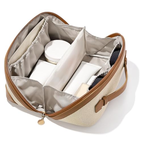 mibasies Flat Lay Travel Makeup Bag for Women, Dual-Zipper Cosmetic Bag, Large Capacity Toiletry Bag with Handle
