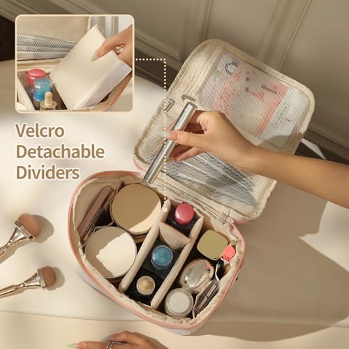 RIGHT AWAY Travel Makeup Bag, Large Capacity Cosmetic Bags for Women,Portable Make Up Case Organizer Waterproof Travel Toiletry Bag with Handle and Divider£¨Pink£©