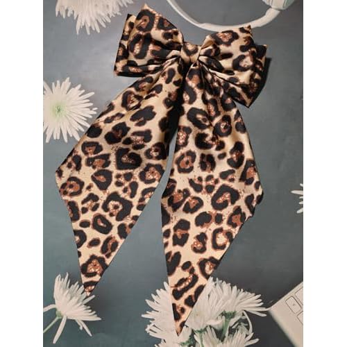 Furling Pompoms Hair Bows for Women Big Bow Hair Clips for Girls Long tail Hair Ribbon Satin Leopard Hair Bow Barrette Cute Hair Accessories Gifts, Pack of 2 (Camel)