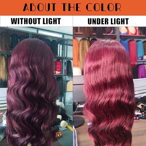 99j Burgundy Lace Front Wigs Human Hair Pre Plucked 13x6 Lace Frontal Human Hair Wigs for Black Women Body Wave Glueless Human Hair Wig 180% Density Pre Plucked Bleached Knots with Baby Hair £¨28 Inch£©