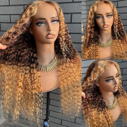 250% Density 13x6 Highlight Ombre Lace Front Wig Human Hair 13x6 HD Honey Blonde 4/27 Curly Wig Human Hair Pre Plucked For Black Woman Deep Wave Lace Front Wigs Human Hair Colored Wigs 22Inch New