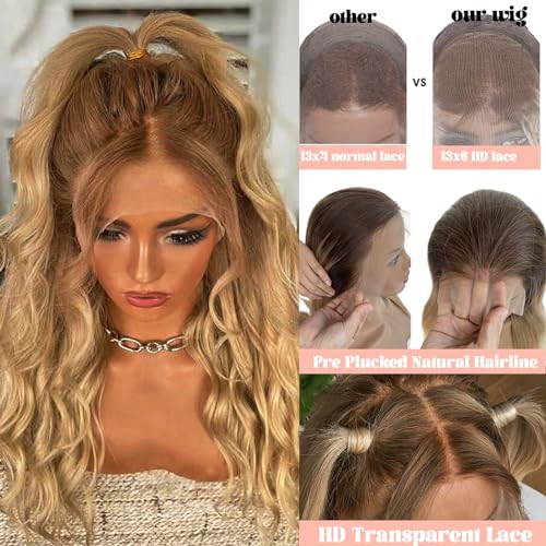 28Inch Honey Blonde Ombre Lace Front Wigs Human Hair Pre Plucked Long Straight Blonde Ombre 13x6 HD Free Part Lace Front Wigs Human Hair for Women,Glueless Brown Roots Honey Blonde Lace Frontal Wig
