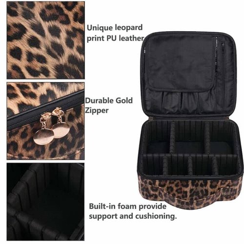 Uongeod Travel Makeup Bag Leopard Print PU Leather Cosmetic Makeup Bag Organizer case with Adjustable Dividers for Women