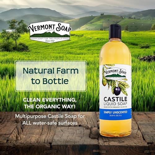 Vermont Castile Unscented Gentle Liquid Soap for Sensitive Skin, Natural Body Wash, Organic Hair Shampoo for Oily Hair, Aloe for Men & Women - 33.8 Oz