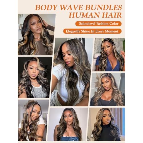 1b/27 Honey Blonde Highlight Human Hair Bundles Body Wave 12 14 16 Inch, Black and Blonde Balayage Loose Wave Sew In Weave Tracks, 12A 100% Unprocessed Brazilian Raw Virgin Hair, P1b/27