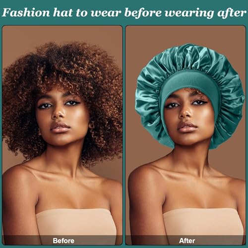 4PCS Silk Satin Bonnets for Black Women & Men - Elastic Wide Band Hair Wrap Cap for Curly Hair - Shower Cap for Sleeping (Black, Peacock Blue, Pink, Khaki)