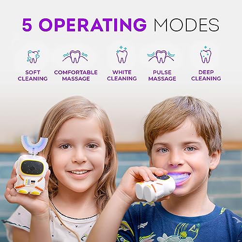 Sensory 360 Round U-Shaped Astronaut Design Mouthguard Electric Toothbrush for Kids Ages 2-7 - Automatic Memory Function - 5 Modes Toothbrush with Multiple Heads ? Kids Travel Essentials (White)