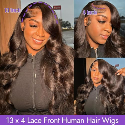 Body Wave 13x4 HD Lace Front Human Hair Wigs for Women 150% Density Glueless Natural Black 28 Inch