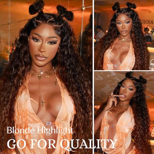 ALHER 12A Ombre Human Hair 3 Bundles Water Wave 20/22/24 Inch, Salon Quality Soft Thick Chestnut Brown Ombre Curly Bundles Wet and Wavy 100% Remy Hair #T1B/2/30 Dark Root to Medium Auburn Sew In Weave