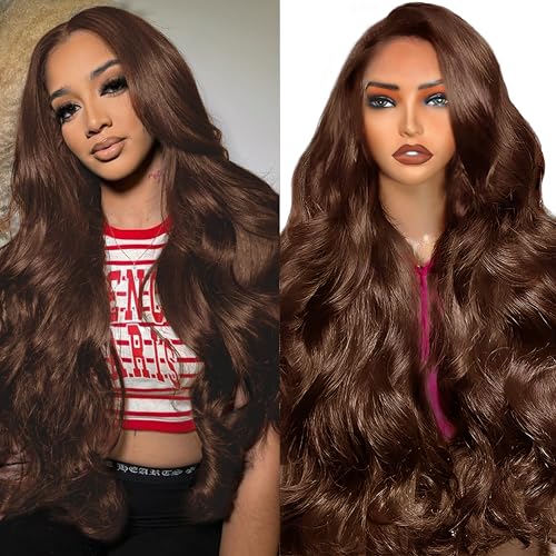 32 Inch Glueless Brown Human Hair Wig For Black Women 13x4 Lace Front Wigs 250% Density Body Wave Wigs Human Hair Pre Plucked With Baby Hair Colored #4