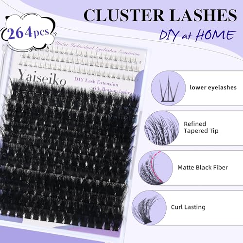 Lash Clusters with Bottom Lashes Thick 200D Volume Individual Lashes 12-25mm Wispy Eyelash Clusters D Curl Cluster Eyelash Extensions 264pcs DIY Lash Extension for Beginners