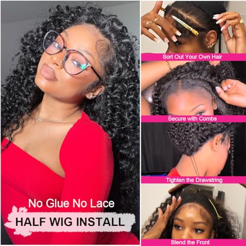 Half Wig Human Hair 20 Inch Water Wave Half Wig 3 in 1 Glueless Wigs 200 Density Wear and Go Wigs Seamless Flip Over with Drawstring Beginner Friendly Curly Wig Headband Wig for Women