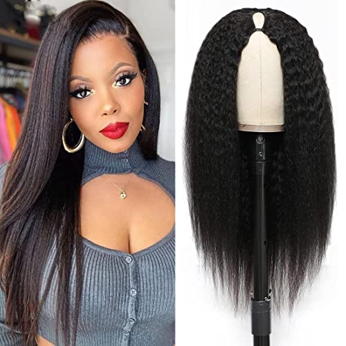 V Part Wig Human Hair Wigs for Black Women Kinky Straight V Part Wig 12A Virgin Hair Half Wigs for Women No Lace Upgrade U Part Human Hair Wigs Full Head Clip in Half Wig V Shape Wigs (24 inch)