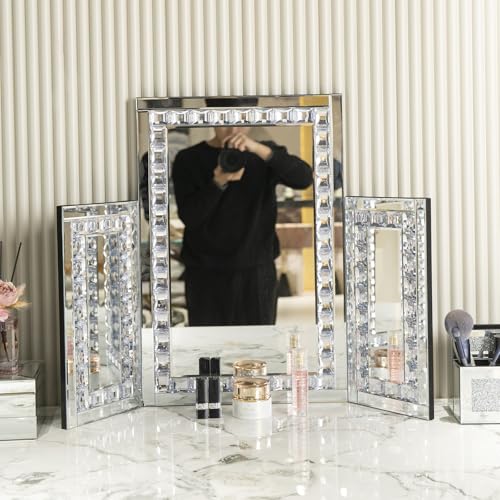 Silver Trifold Mirror -Hollywood Large Vanity Trifold Makeup Mirror, 3 Side Folding Tabletop Mirror £¬Braiding Hair, Makeup 360¡Æ Way