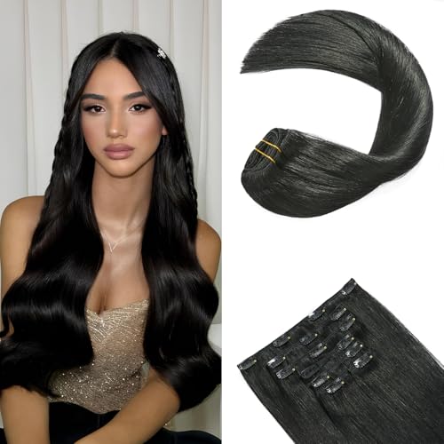 FoxFace Clip in Hair Extensions Real Human Hair, Thick Extensions from Root to Tip, Natural Hair Clip Ins, Jet Black, 22 Inch 120g 7Pcs