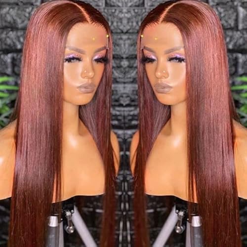 Reddish Brown Lace Front Wig - Human Hair with Baby Hair, Cooper Red, Glueless, Straight, Transparent Lace Front, 28inch (13x4)