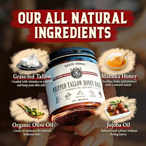 Organic Beef Tallow for Skin - 4 OZ (Unscented) ? Grass Fed Beef Tallow for face + Body ? US-Made Whipped Tallow and Honey Balm Moisturizer for Dry and Sensitive Skin, Eczema, Rosacea (No Additives)