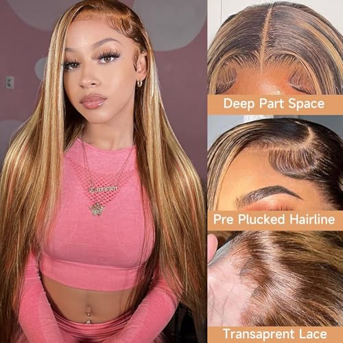 28inch Highlight Ombre Lace Front Wig Human Hair 13x6 HD Transparent 4/27 Honey Blonde Lace Frontal Wigs Pre Plucked with Baby Hair Straight Lace Front wigs Human Hair Colored 180% Density