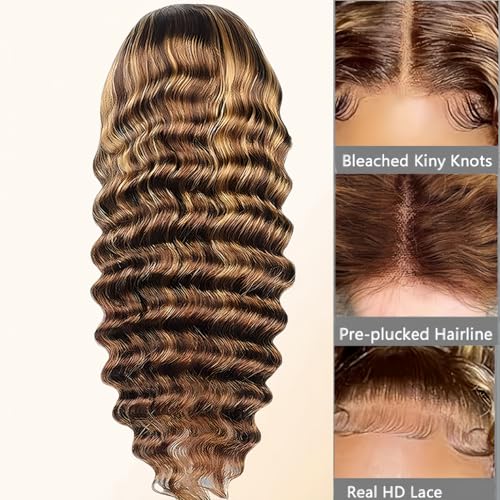 NVL Lace Front Wigs Human Pre Plucked with Baby Hair 200 Density 13x4 HD Transparent Straight Lace Front Wigs for Women Human Hair Glueless (4/27 highlight deep wave lace front wig, 26 Inch)