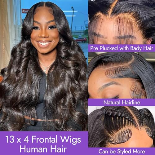 Body Wave 13x4 HD Lace Front Human Hair Wigs for Women 150% Density Glueless Natural Black 28 Inch