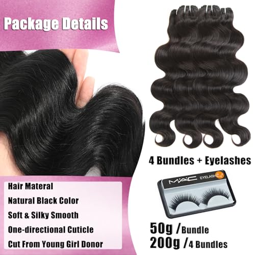 16A Raw Human Hair Bundles 20 20 22 22 Inch Body Wave Bundles Human Hair, 100% Unprocessed Brazilian Virgin Hair, Keep Texture Silky Soft After Multiple Washes, Triple Lifespan (4Bundles/200g)