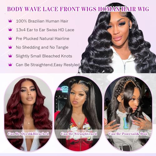 Body Wave Lace Front Wigs Human Hair Wide Lace 180 Density Human Wigs 13x4 Human Hair Lace Front Wigs Pre Plucked With Baby Hair Natural Color 32Inch