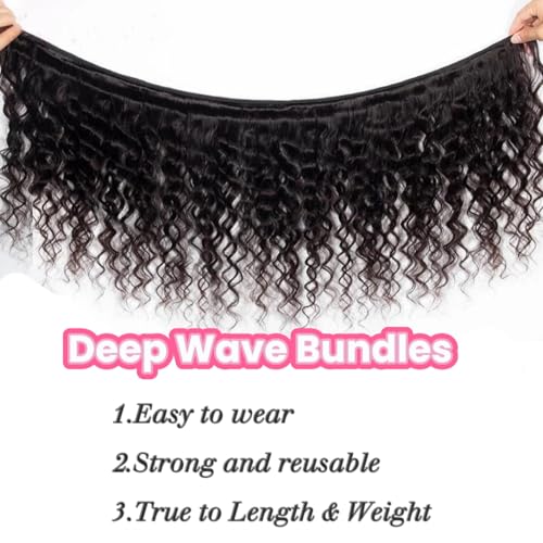 Human Hair Bundles 20 22 24 Inch Deep Wave Bundle 12A Brazilian 100% Unprocessed Virgin Human Hair 3 Bundles Deep Curly Wet and Wavy Human Hair Quick Weave Extensions for Women Natural Black