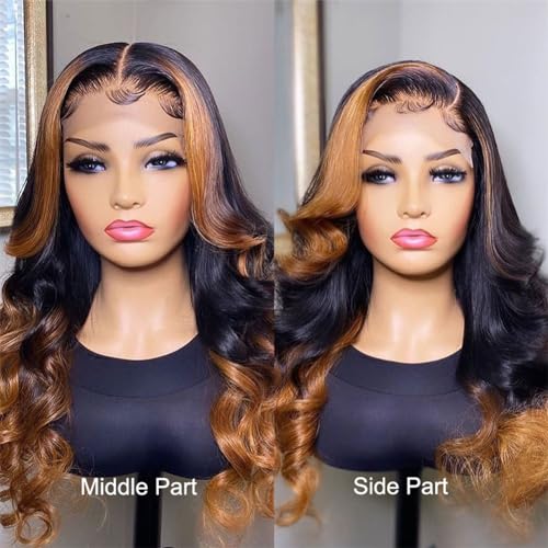NICY 360 Transparent Lace Body Wave Wig Remy Human Hair Updo Pre Plucked Glueless Frontal Wigs Hair Extrenstion with Baby Hair (30 highlight wave, 20inch)