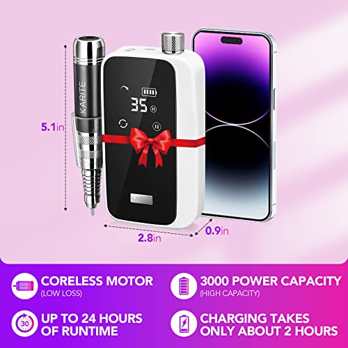 Karite Professional Nail Drill Machine for Acrylic Nails, 35000 RPM Electric Nail File with 13 Bits, 30 Sanding Bands ? USB Rechargeable, Portable Electronic Nail Filer for Home Salon Manicure Tools
