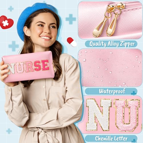 CY2SIDE NURSE Letter Makeup Bag - Gradient Pink Chenille Letter Patch Cosmetic Bag Pink PU Leather Patch Travel Pouch Waterproof Portable Zipper Travel Organizer Case Xmas Gifts for Nurse Women